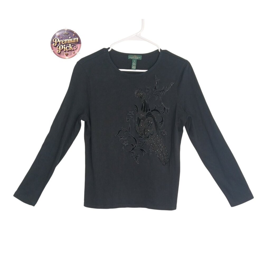 LRL Lauren Jeans Co Women's Black Embellished Long Sleeve Top M 100% Cotton